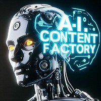 Ai content factory logo 1 SingleArtificial Intelligence android robot projecting company logo and brand name ai content factory