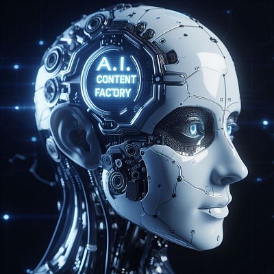 Ai content factory logo 2, single artificial intelligence android robot head with brand name company logo glowing in temple