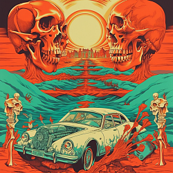 Funky Car and Skeletons in Desert